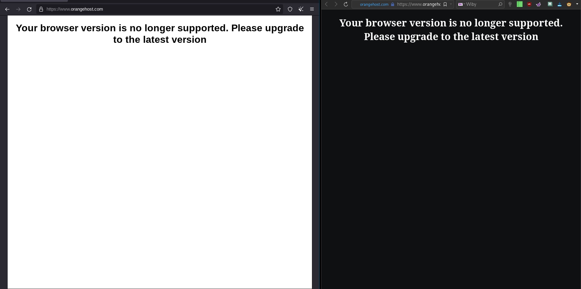 OrangeHost telling Tor Browser Bundle and Werefox users they should "upgrade".