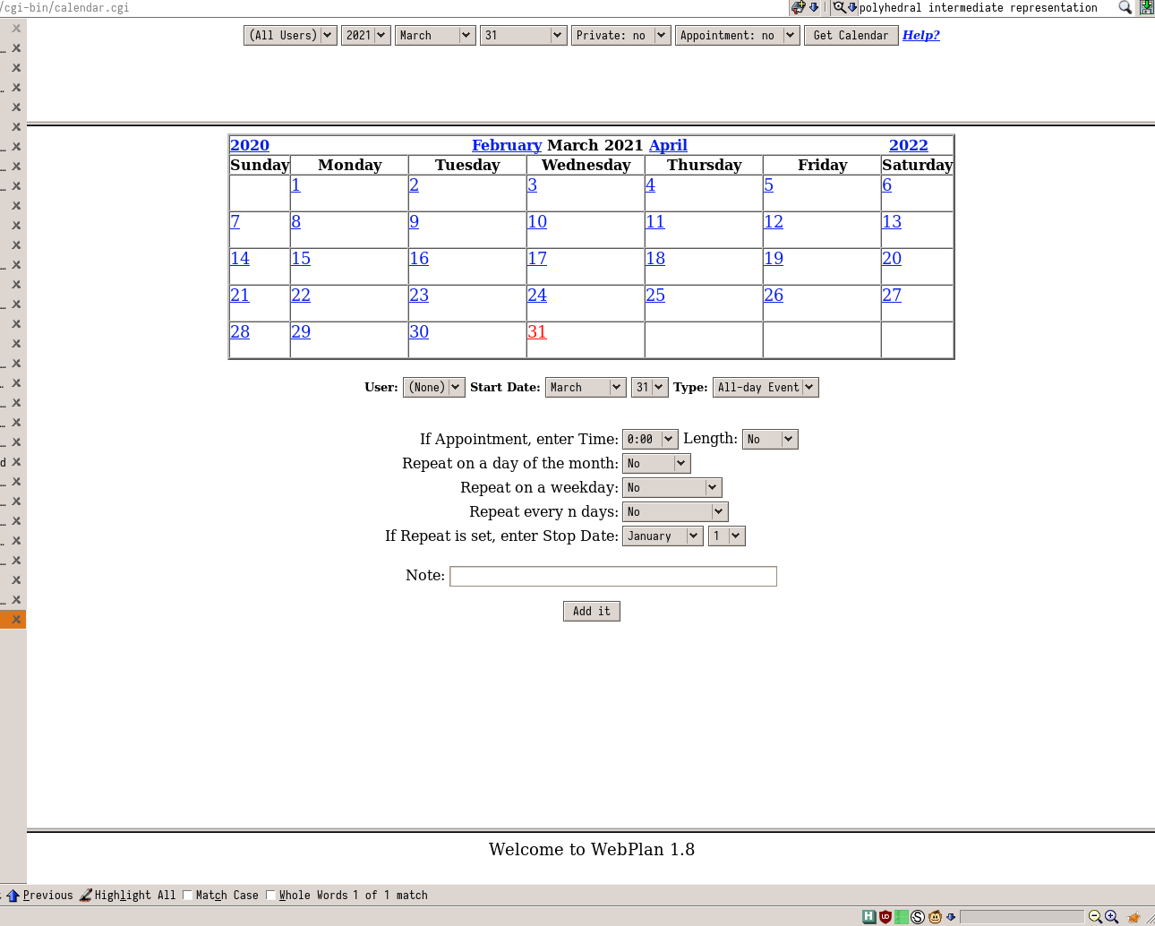 A screenshot of WebPlan, a web interface for Plan (part of the Plan package).